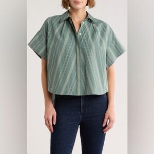 rag & bone Sage Green Striped Cropped Boxy Button-Down Shirt